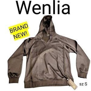 Wenlia Black Hoodie V Neck Side Slit Casual Sweatshirt Long Sleeve Pullover